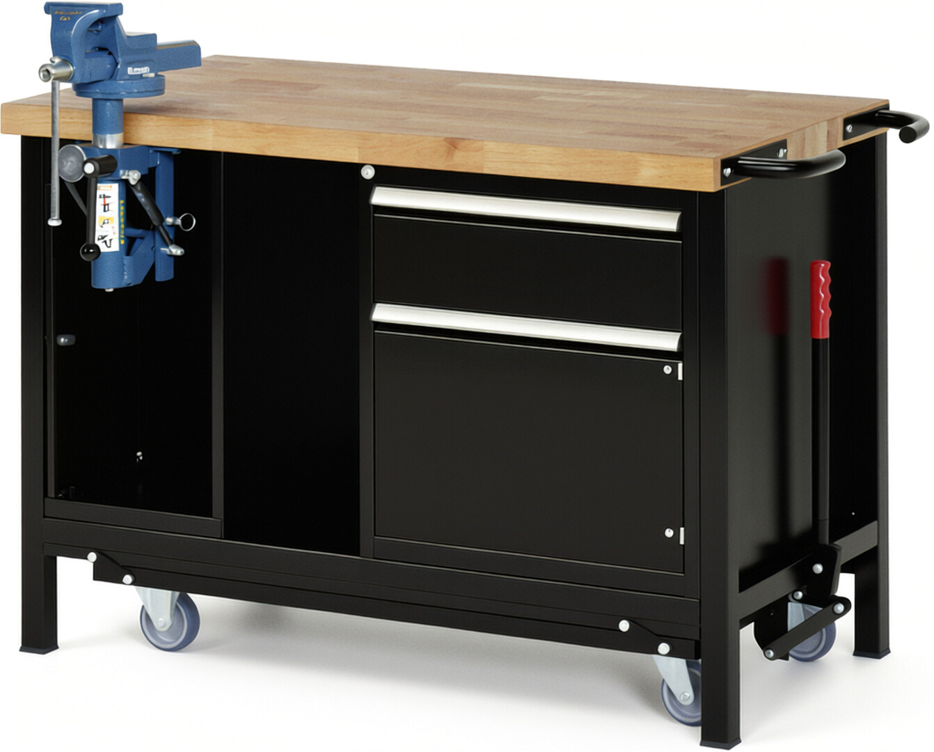 Absenkbare Werkbank Modell 8181 schwarz, BxTxH 1250x700x880 mm,  Buche-Massiv Arbeitsplatte 40 mm,  1 Schublade mit  Auszug 90 %