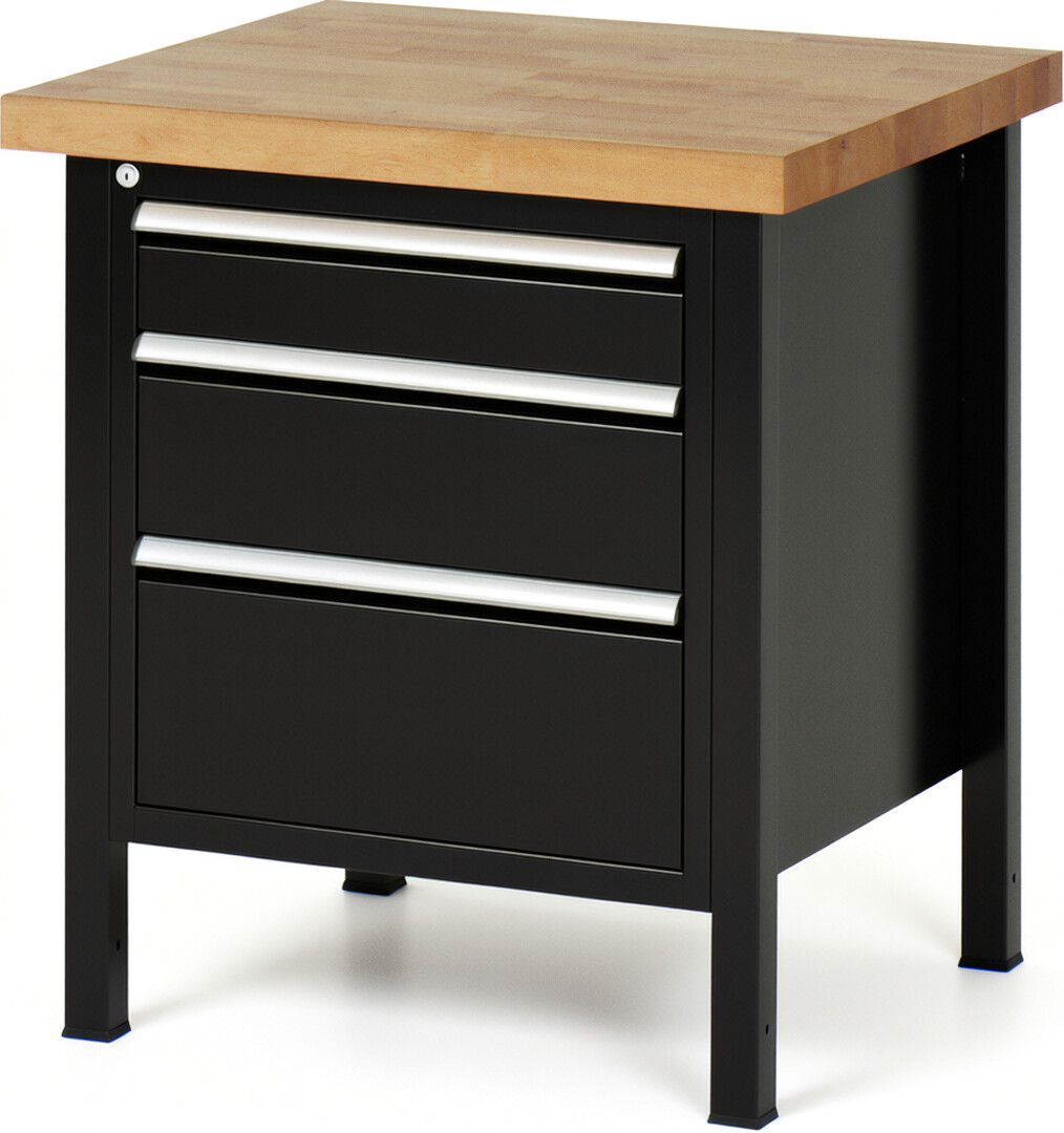 Werkbank Modell 8159 schwarz, BxTxH 750x700x840-1040 mm,  Buche-Massiv Arbeitsplatte 40 mm,  3 Schubladen mit  Auszug 90 %
