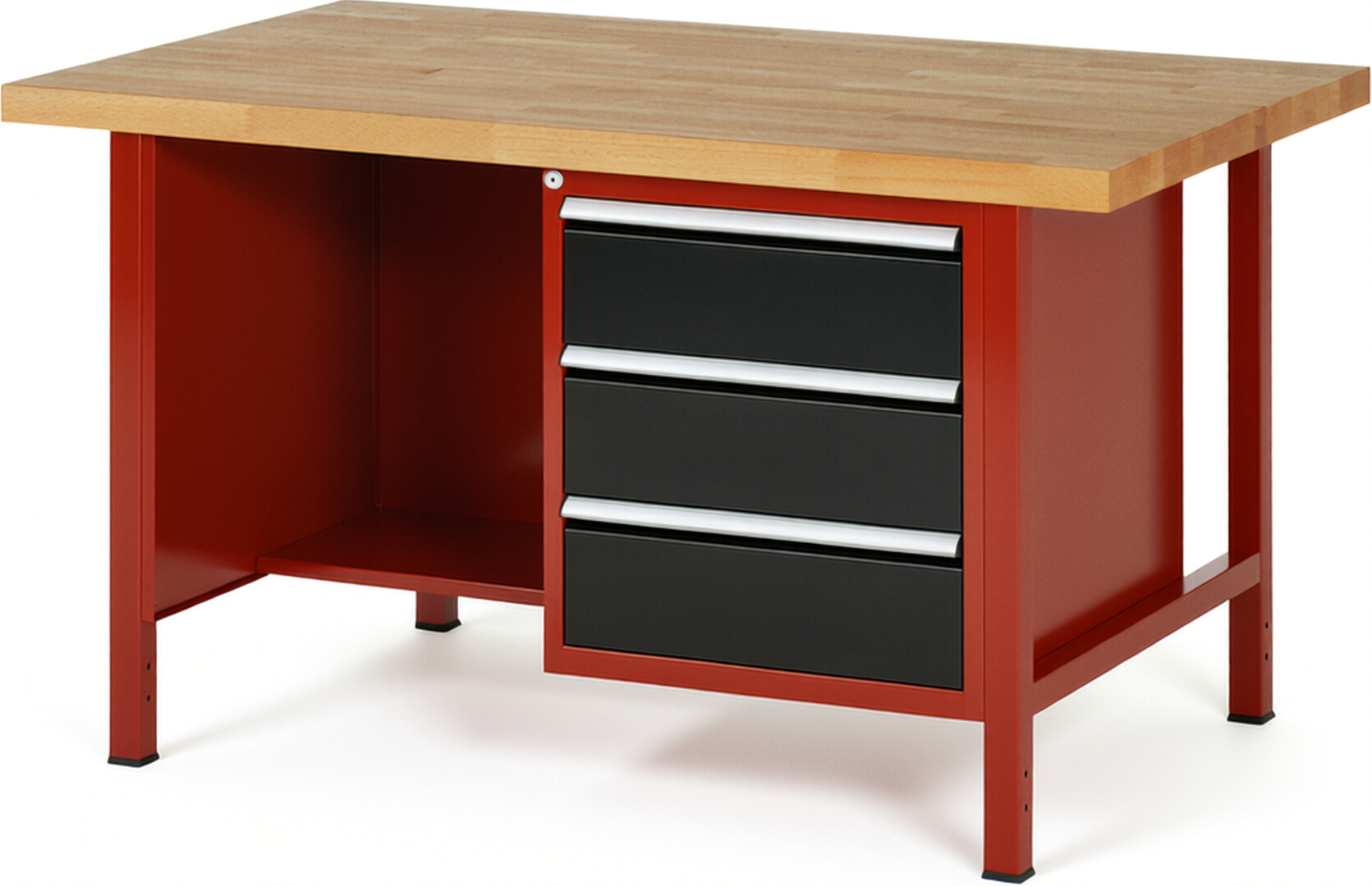 Werkbank Modell 8452 rot - schwarz, BxTxH 1500x900x840 mm,  Buche-Massiv Arbeitsplatte 40 mm,  3 Schubladen mit  Vollauszug 100 % und  SoftClosing