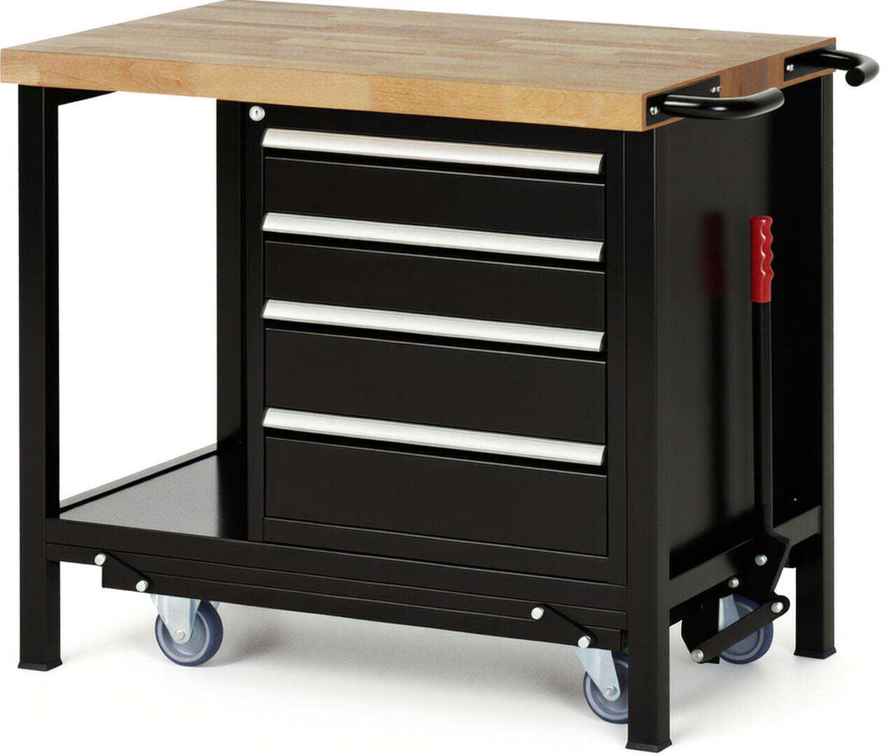Absenkbare Werkbank Modell 8162 schwarz, BxTxH 1000x700x880 mm,  Buche-Massiv Arbeitsplatte 40 mm,  4 Schubladen mit  Vollauszug 100 % und  SoftClosing