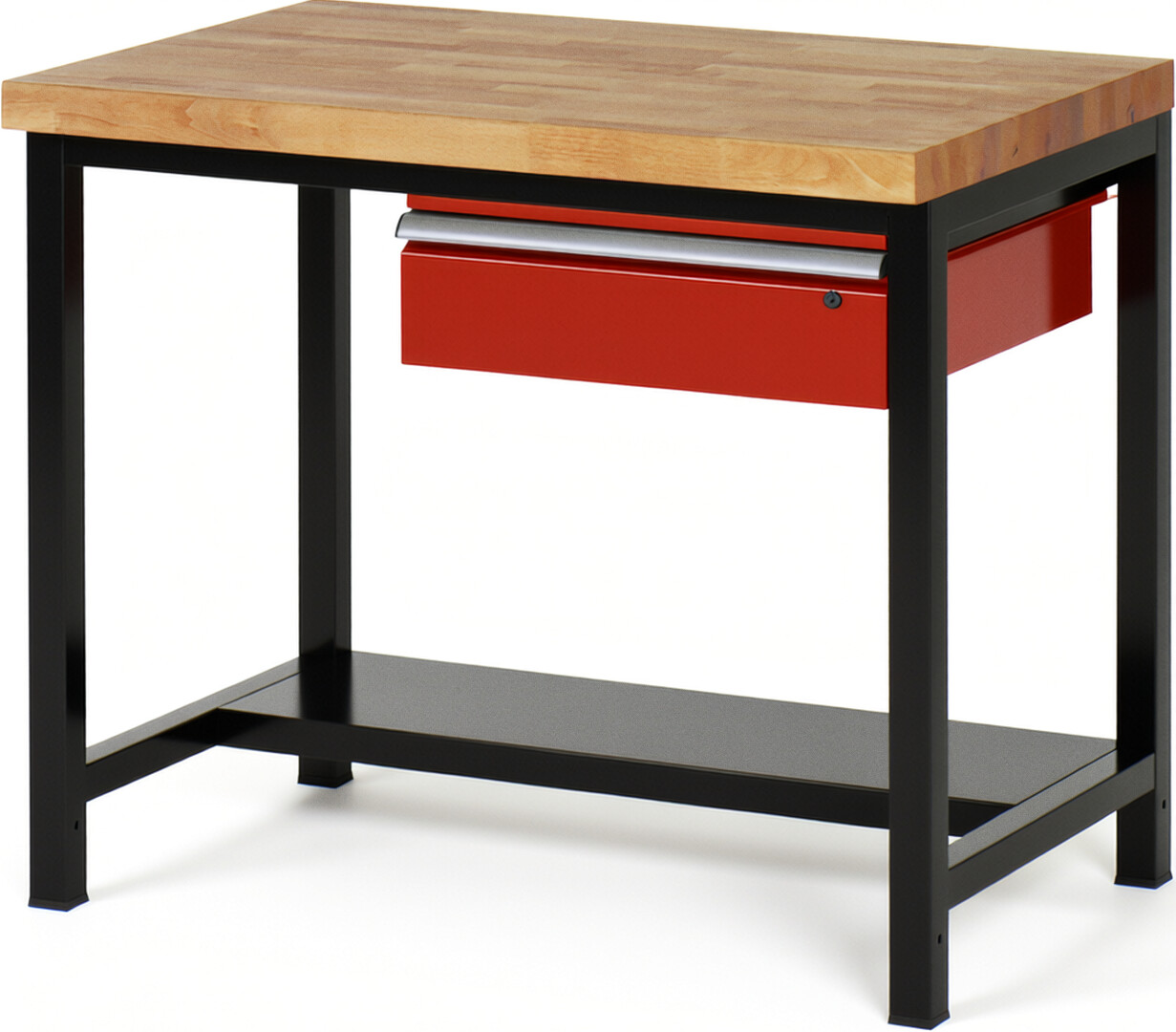 RAU Werkbank schwarz - rot - Breite 100 cm - Tiefe 90 cm - Höhe 104 cm - Buche-Massiv Arbeitsplatte 40 mm