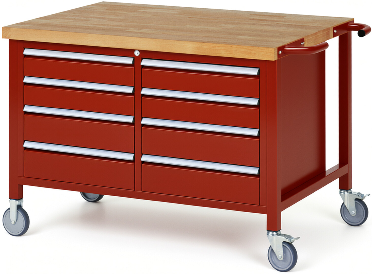 Fahrbare Werkbank Modell 8477 rot, BxTxH 1250x900x880 mm,  Buche-Massiv Arbeitsplatte 40 mm,  8 Schubladen mit  Vollauszug 100 % und  SoftClosing