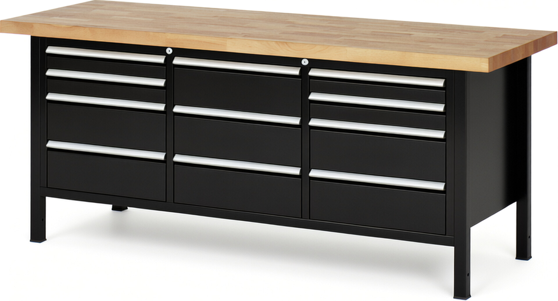 Werkbank Modell 8577 schwarz, BxTxH 2000x700x840 mm,  Buche-Massiv Arbeitsplatte 40 mm,  11 Schubladen mit  Vollauszug 100 % und  SoftClosing