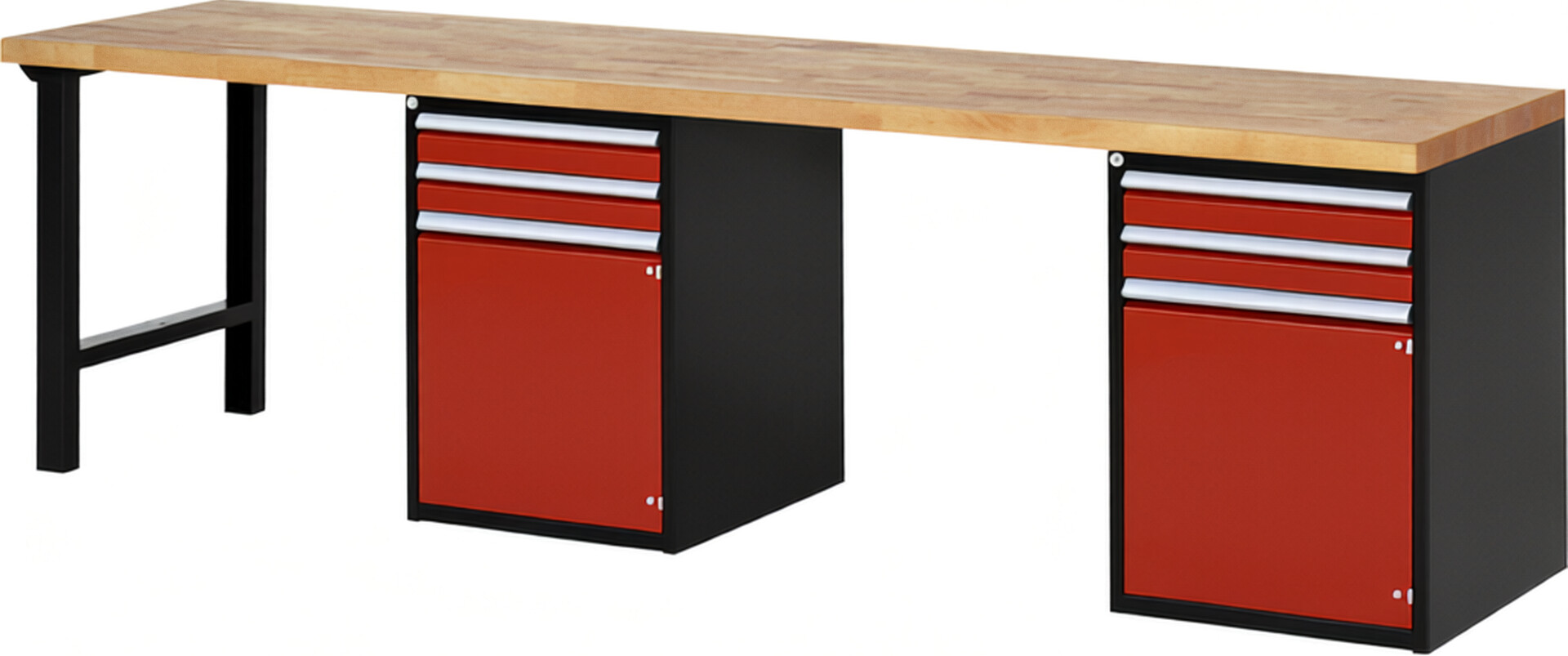RAU Werkbank schwarz - rot - Breite 300 cm - Tiefe 70 cm - Höhe 89 cm - Buche-Massiv Arbeitsplatte 40 mm