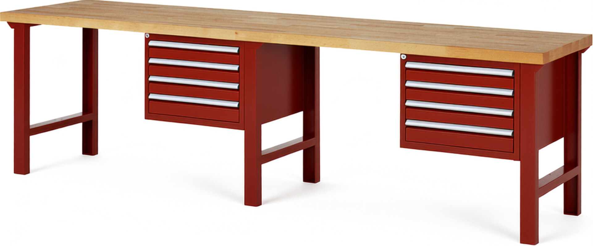Werkbank Modell 7133 rot, BxTxH 3000x700x840 mm,  Buche-Massiv Arbeitsplatte 40 mm,  8 Schubladen mit  Auszug 90 %