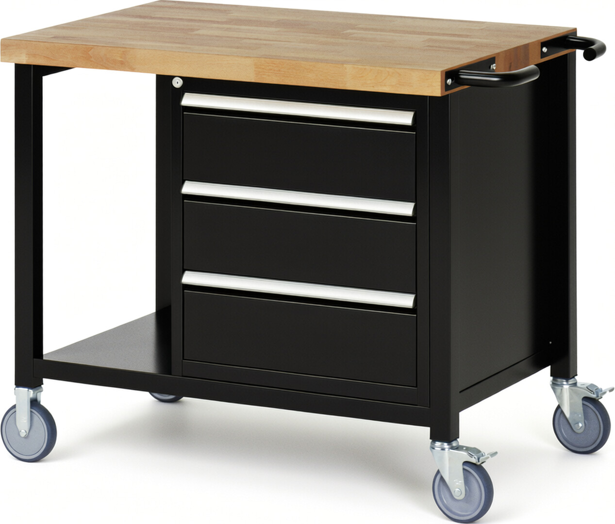 Fahrbare Werkbank Modell 8157 schwarz, BxTxH 1000x700x880 mm,  Buche-Massiv Arbeitsplatte 40 mm,  3 Schubladen mit  Vollauszug 100 % und  SoftClosing