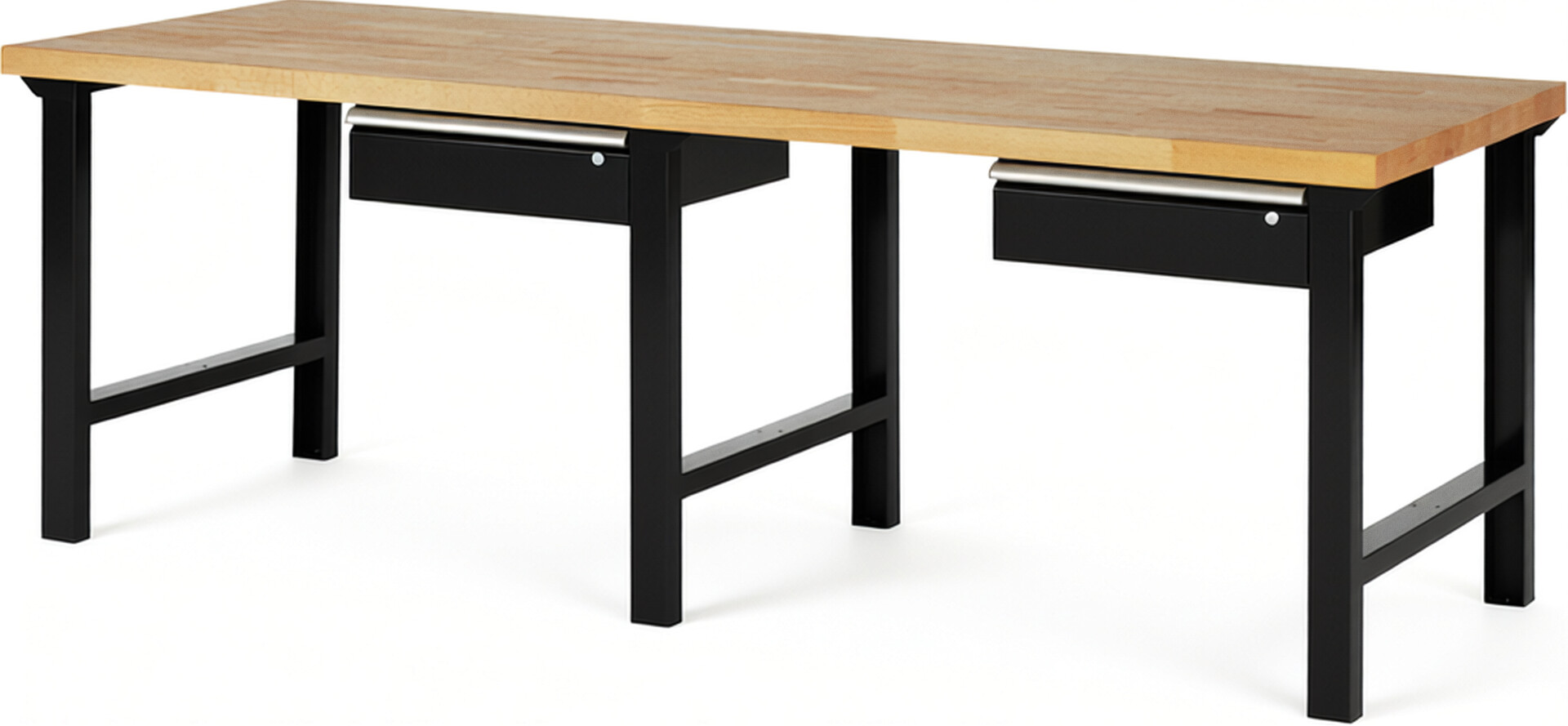 Werkbank Modell 7001 schwarz, BxTxH 2500x900x840 mm,  Buche-Massiv Arbeitsplatte 40 mm,  2 Schubladen mit  Auszug 90 %
