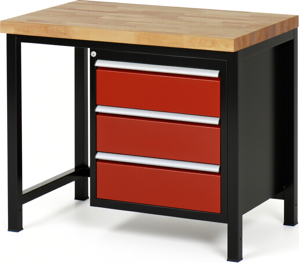RAU Werkbank schwarz - rot - Breite 100 cm - Tiefe 70 cm - Höhe 104 cm - Buche-Massiv Arbeitsplatte 40 mm