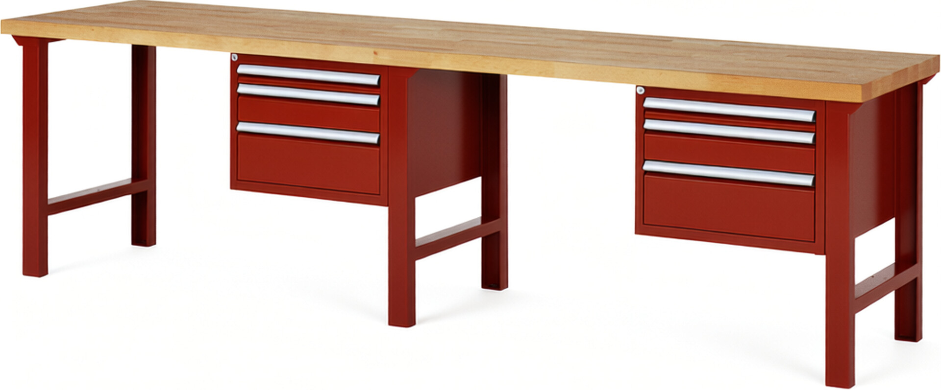 Werkbank Modell 7126 rot, BxTxH 3000x700x840 mm,  Buche-Massiv Arbeitsplatte 40 mm,  6 Schubladen mit  Auszug 90 %