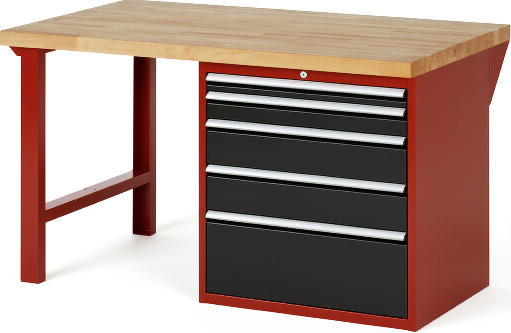 Werkbank Modell 7611 rot - schwarz, BxTxH 1500x900x890 mm,  Buche-Massiv Arbeitsplatte 40 mm,  5 Schubladen mit  Vollauszug 100 % und  SoftClosing
