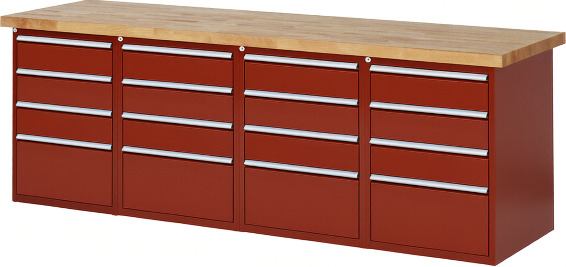 Werkbank Modell 7510 rot, BxTxH 2500x900x890 mm,  Buche-Massiv Arbeitsplatte 40 mm,  16 Schubladen mit  Vollauszug 100 % und  SoftClosing