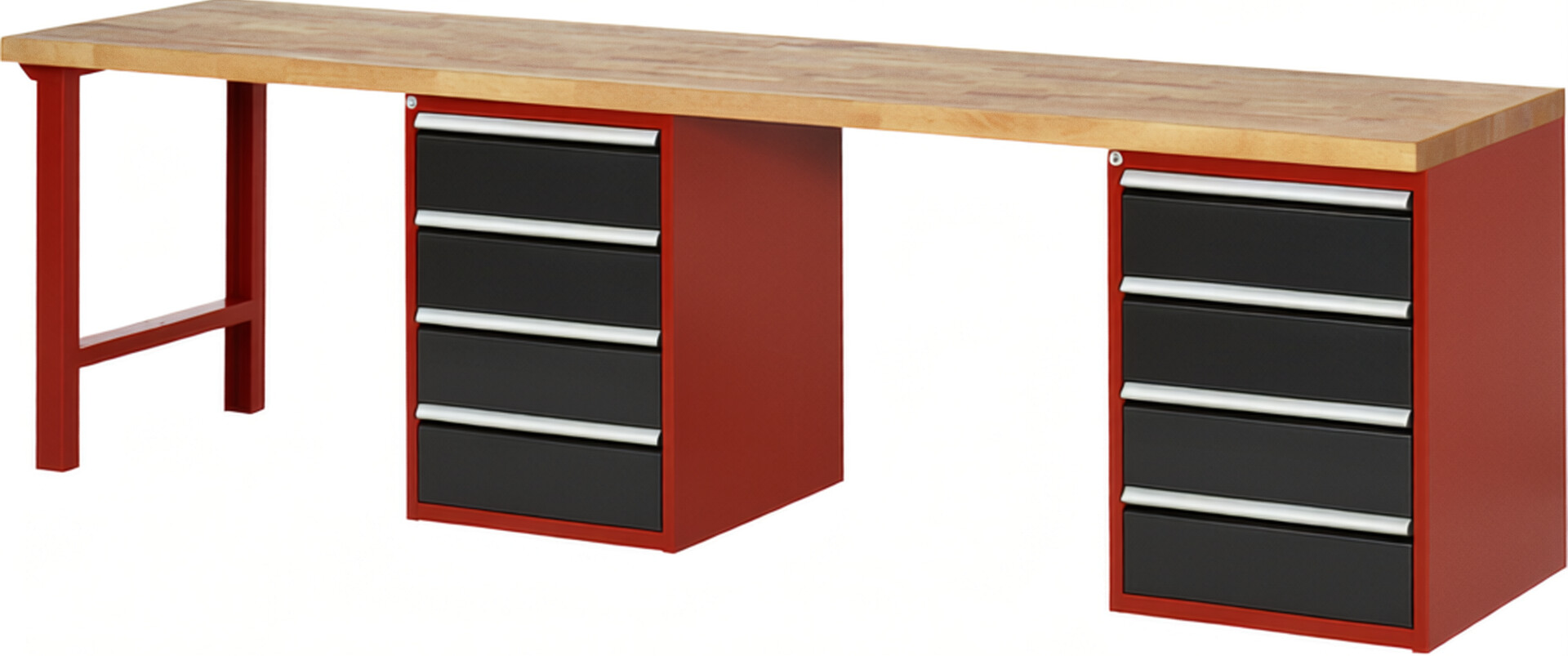 Werkbank Modell 7509 rot - schwarz, BxTxH 3000x700x840 mm,  Buche-Massiv Arbeitsplatte 40 mm,  8 Schubladen mit  Vollauszug 100 % und  SoftClosing