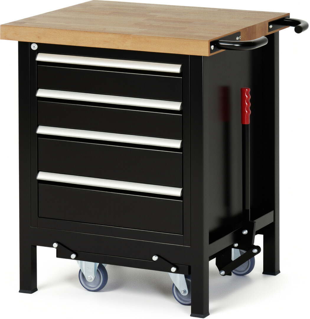Absenkbare Werkbank Modell 8162 schwarz, BxTxH 750x700x880 mm,  Buche-Massiv Arbeitsplatte 40 mm,  4 Schubladen mit  Vollauszug 100 % und  SoftClosing