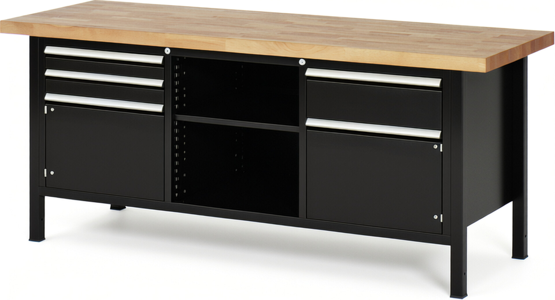 Werkbank Modell 8562 schwarz, BxTxH 2000x700x840 mm,  Buche-Massiv Arbeitsplatte 40 mm,  3 Schubladen mit  Vollauszug 100 % und  SoftClosing