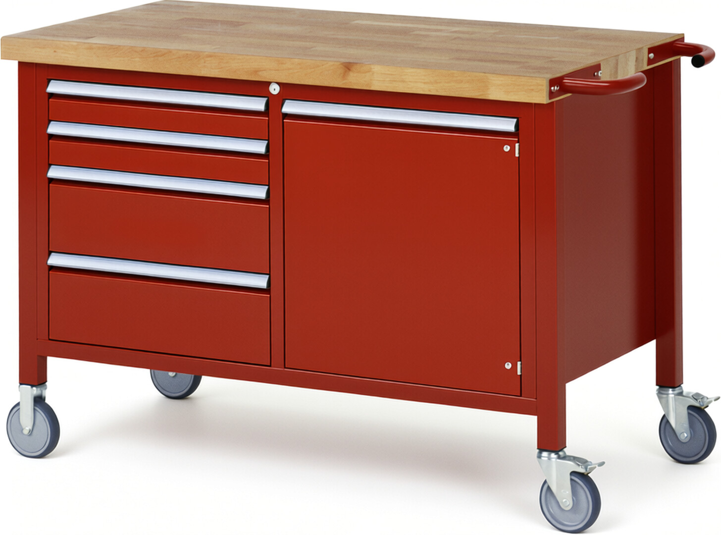Fahrbare Werkbank Modell 8470 rot, BxTxH 1250x700x880-1080 mm,  Buche-Massiv Arbeitsplatte 40 mm,  4 Schubladen mit  Auszug 90 %