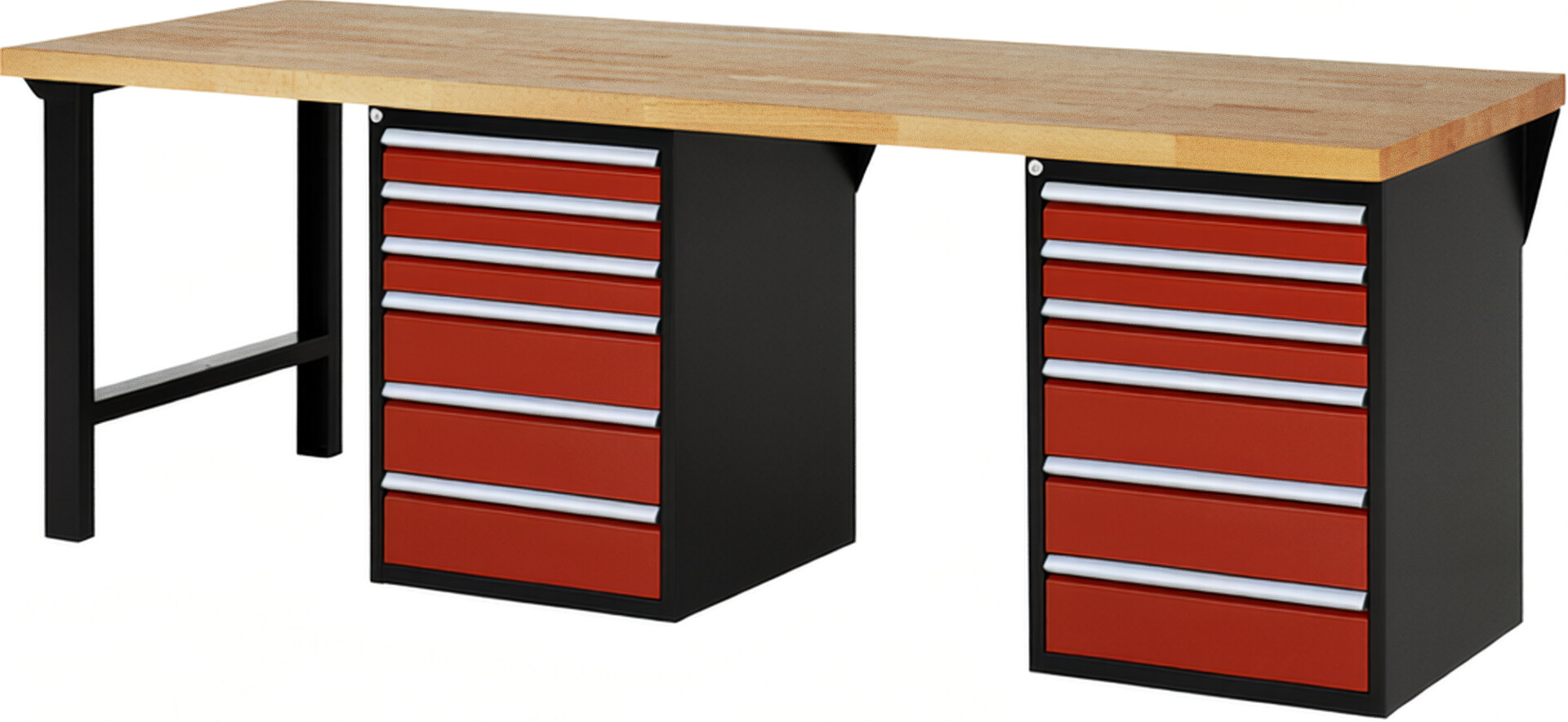 RAU Werkbank schwarz - rot - Breite 250 cm - Tiefe 90 cm - Höhe 89 cm - Buche-Massiv Arbeitsplatte 40 mm
