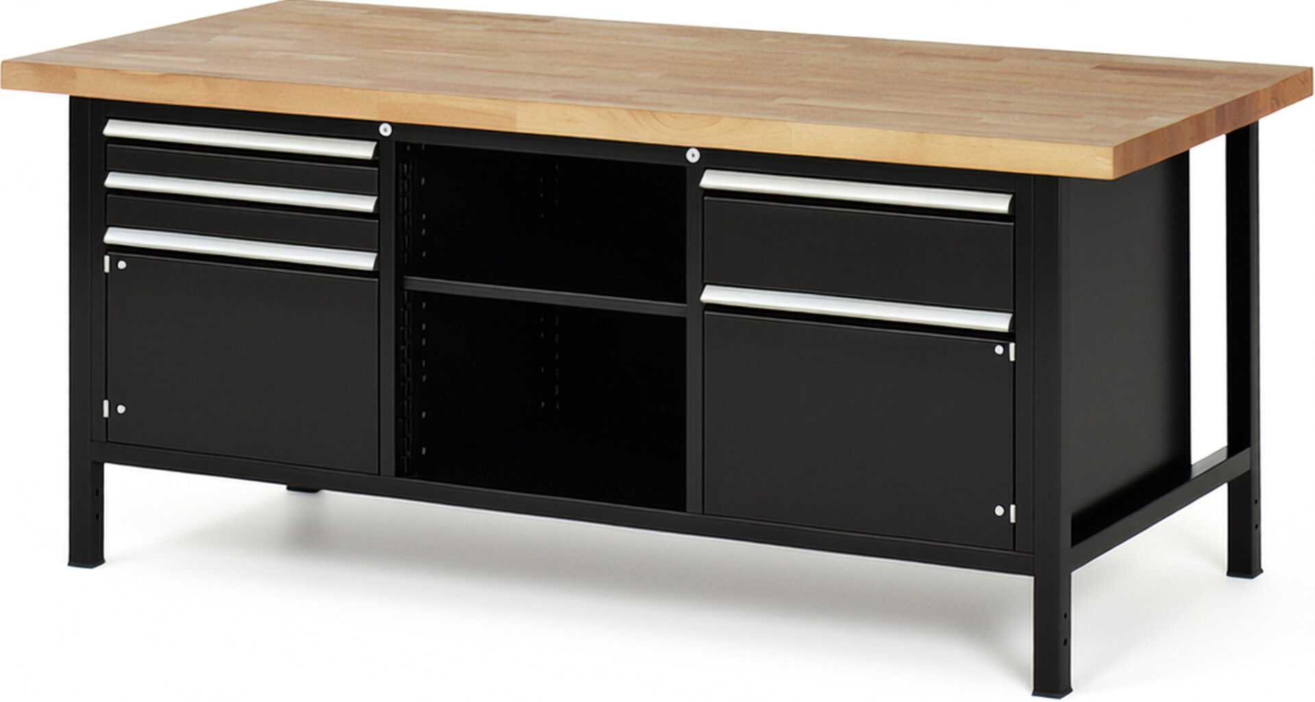 Werkbank Modell 8562 schwarz, BxTxH 2000x900x840 mm,  Buche-Massiv Arbeitsplatte 40 mm,  3 Schubladen mit  Auszug 90 %