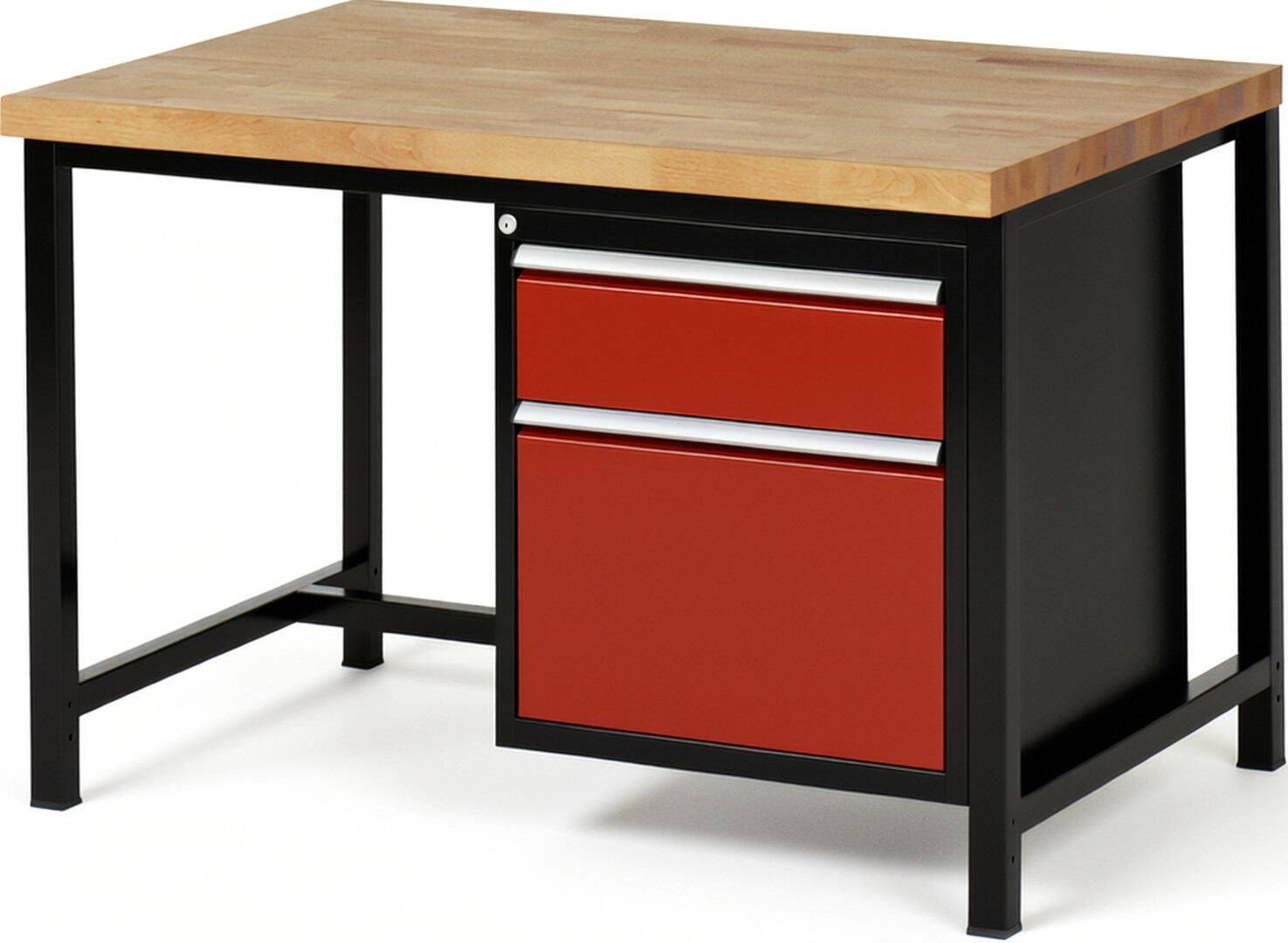 RAU Werkbank schwarz - rot - Breite 125 cm - Tiefe 90 cm - Höhe 104 cm - Buche-Massiv Arbeitsplatte 40 mm