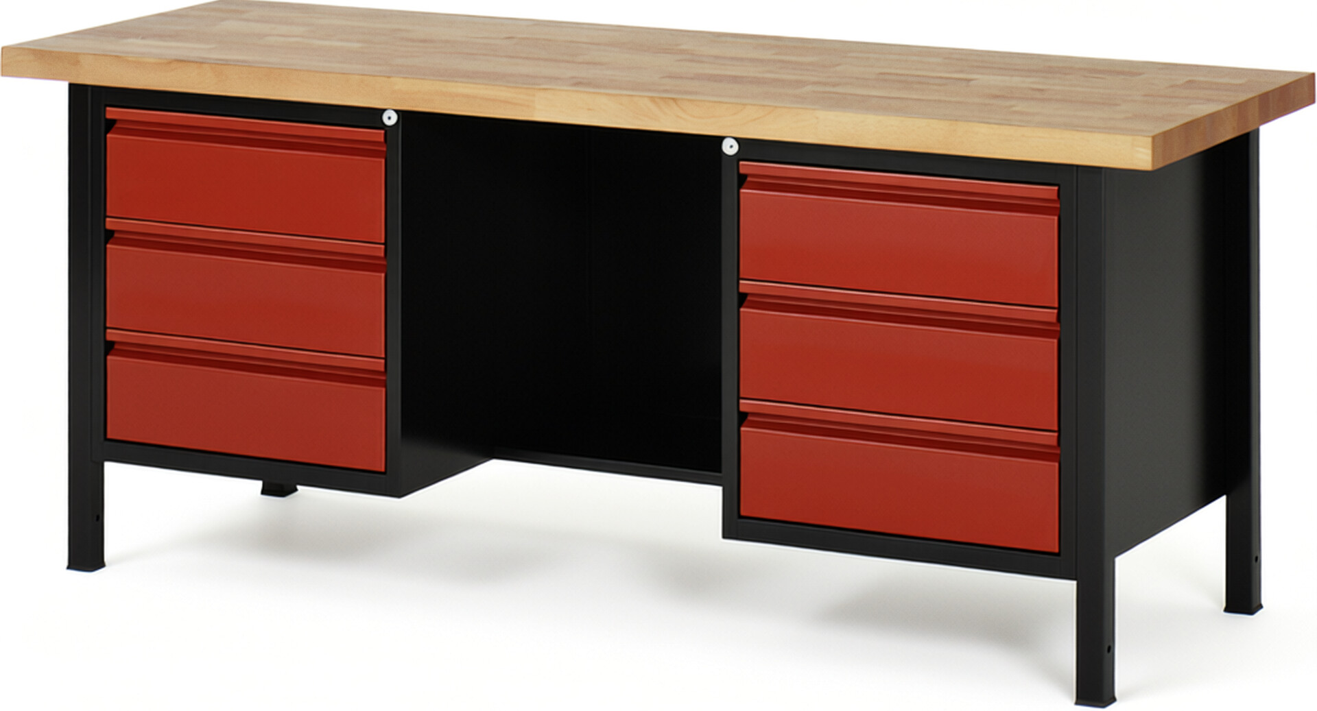 RAU Werkbank schwarz - rot - Breite 200 cm - Tiefe 70 cm - Höhe 104 cm - Buche-Massiv Arbeitsplatte 40 mm