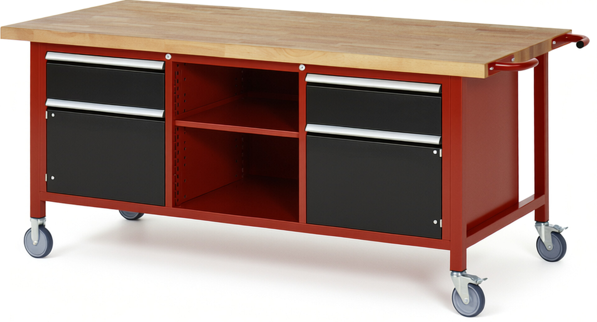 Fahrbare Werkbank Modell 8561 rot - schwarz, BxTxH 2000x900x880 mm,  Buche-Massiv Arbeitsplatte 40 mm,  2 Schubladen mit  Auszug 90 %