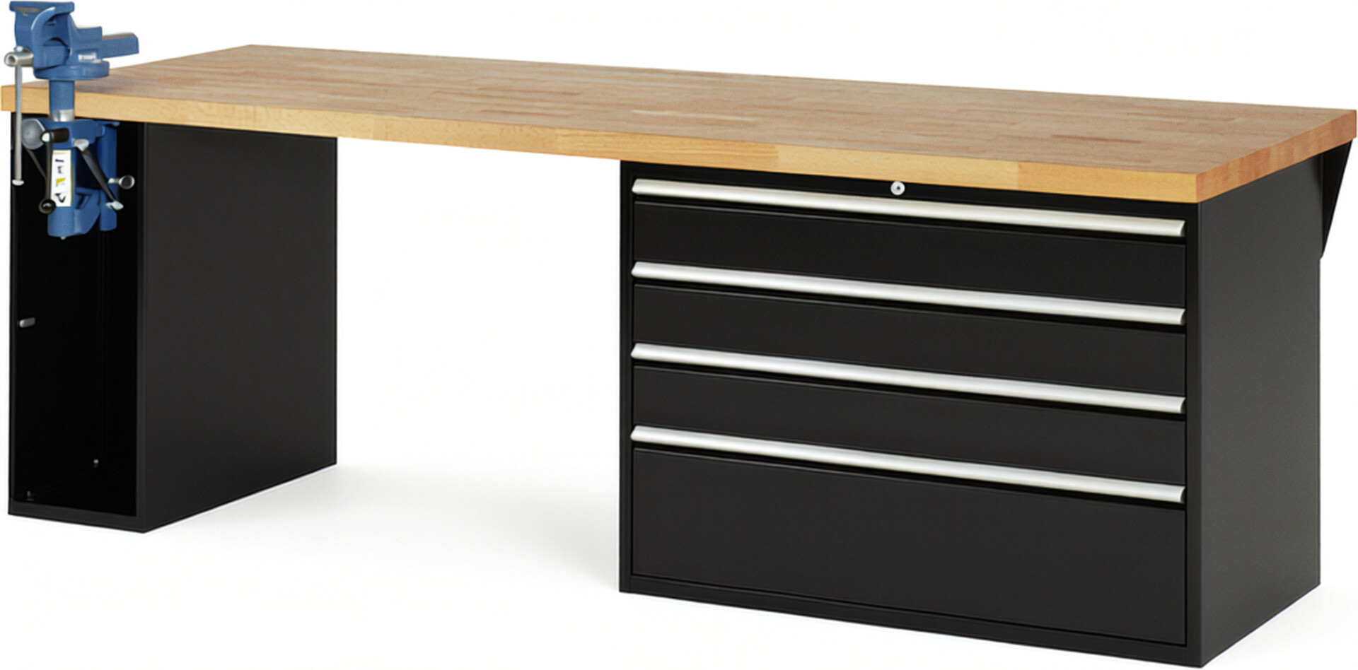 Werkbank Modell 7710 schwarz, BxTxH 2500x900x840 mm,  Buche-Massiv Arbeitsplatte 40 mm,  4 Schubladen mit  Auszug 90 %