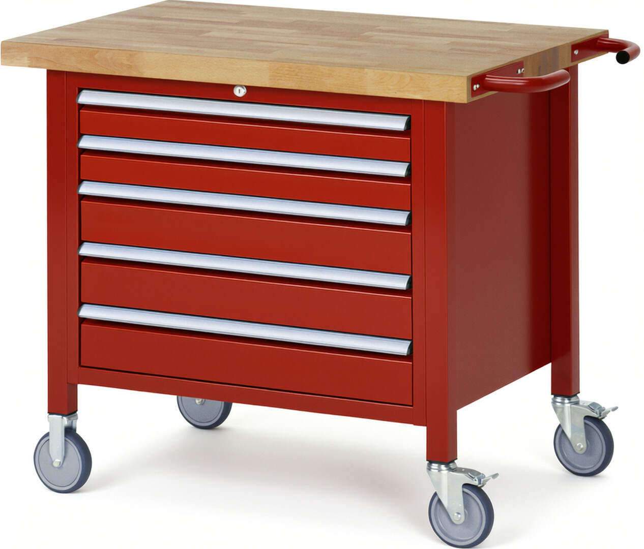 Fahrbare Werkbank Modell 8271 rot, BxTxH 1000x700x880 mm,  Buche-Massiv Arbeitsplatte 40 mm,  5 Schubladen mit  Auszug 90 %
