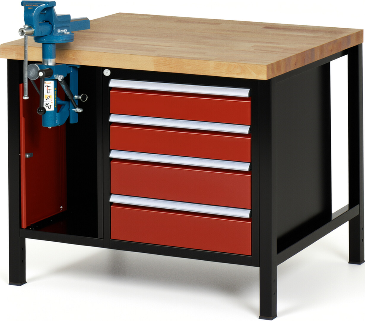 RAU Werkbank schwarz - rot - Breite 100 cm - Tiefe 90 cm - Höhe 104 cm - Buche-Massiv Arbeitsplatte 40 mm