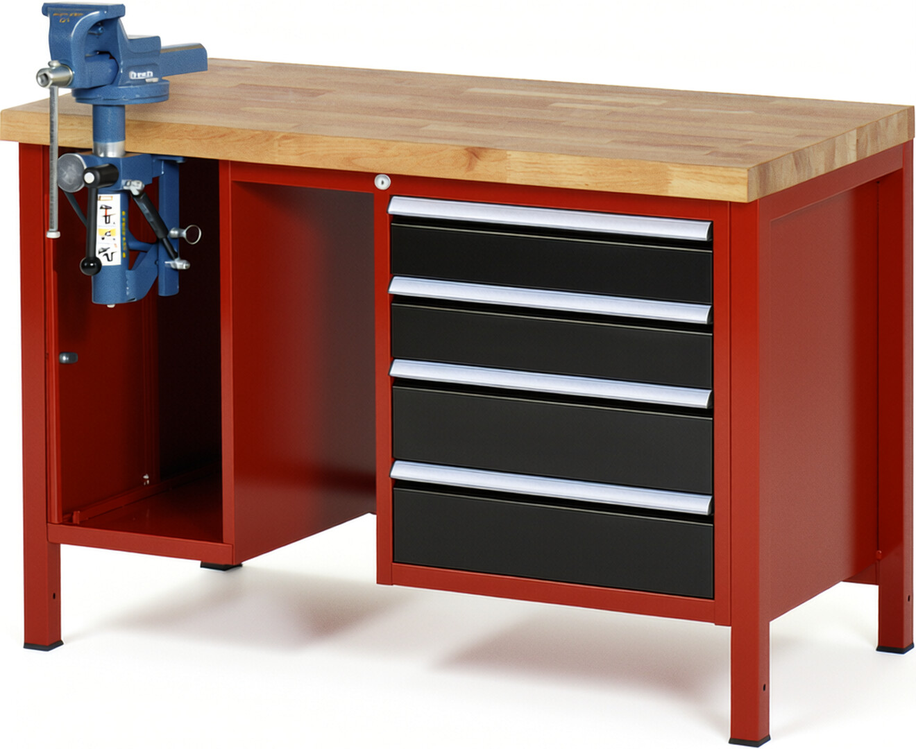 Werkbank Modell 8185 rot - schwarz, BxTxH 1250x700x840-1040 mm,  Buche-Massiv Arbeitsplatte 40 mm,  4 Schubladen mit  Auszug 90 %