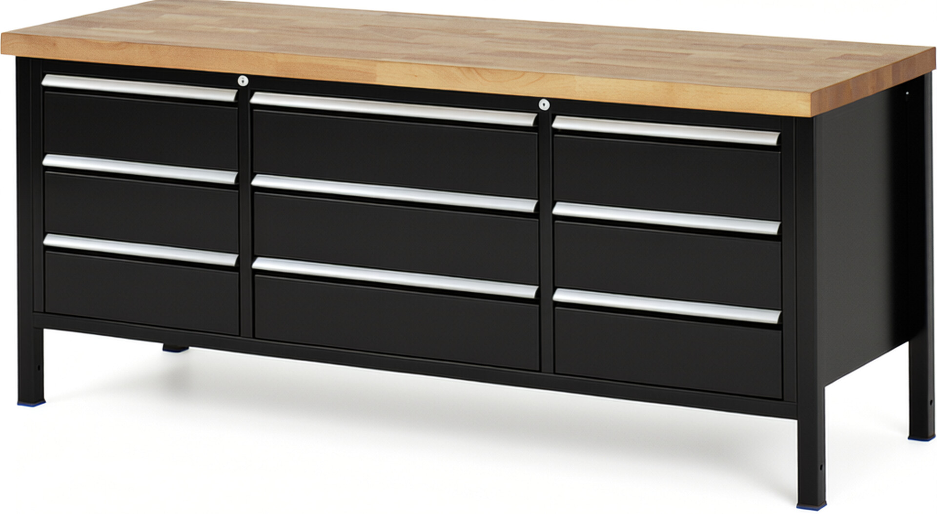 Werkbank Modell 8754 schwarz, BxTxH 2000x700x840 mm,  Buche-Massiv Arbeitsplatte 40 mm,  9 Schubladen mit  Auszug 90 %