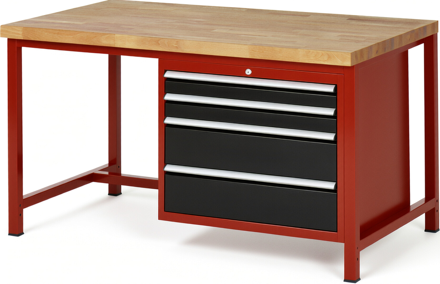 Werkbank Modell 8261 rot - schwarz, BxTxH 1500x900x840 mm,  Buche-Massiv Arbeitsplatte 40 mm,  4 Schubladen mit  Vollauszug 100 % und  SoftClosing
