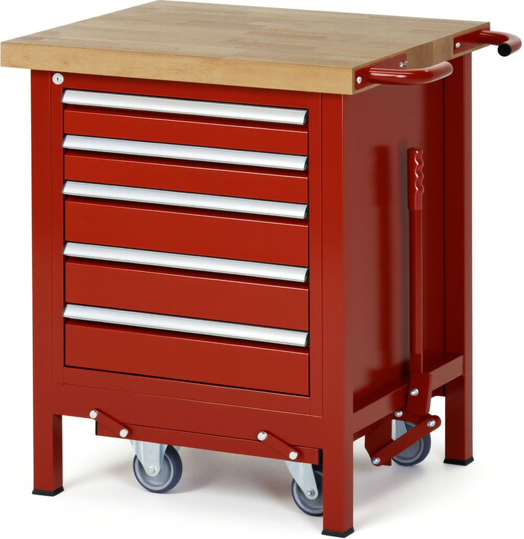 Absenkbare Werkbank Modell 8171 rot, BxTxH 750x700x880 mm,  Buche-Massiv Arbeitsplatte 40 mm,  5 Schubladen mit  Auszug 90 %