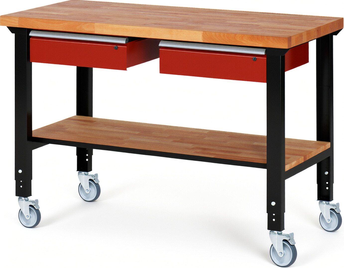 RAU Werkbank schwarz - rot - Breite 150 cm - Tiefe 70 cm - Höhe 100 cm - Buche-Massiv Arbeitsplatte 40 mm