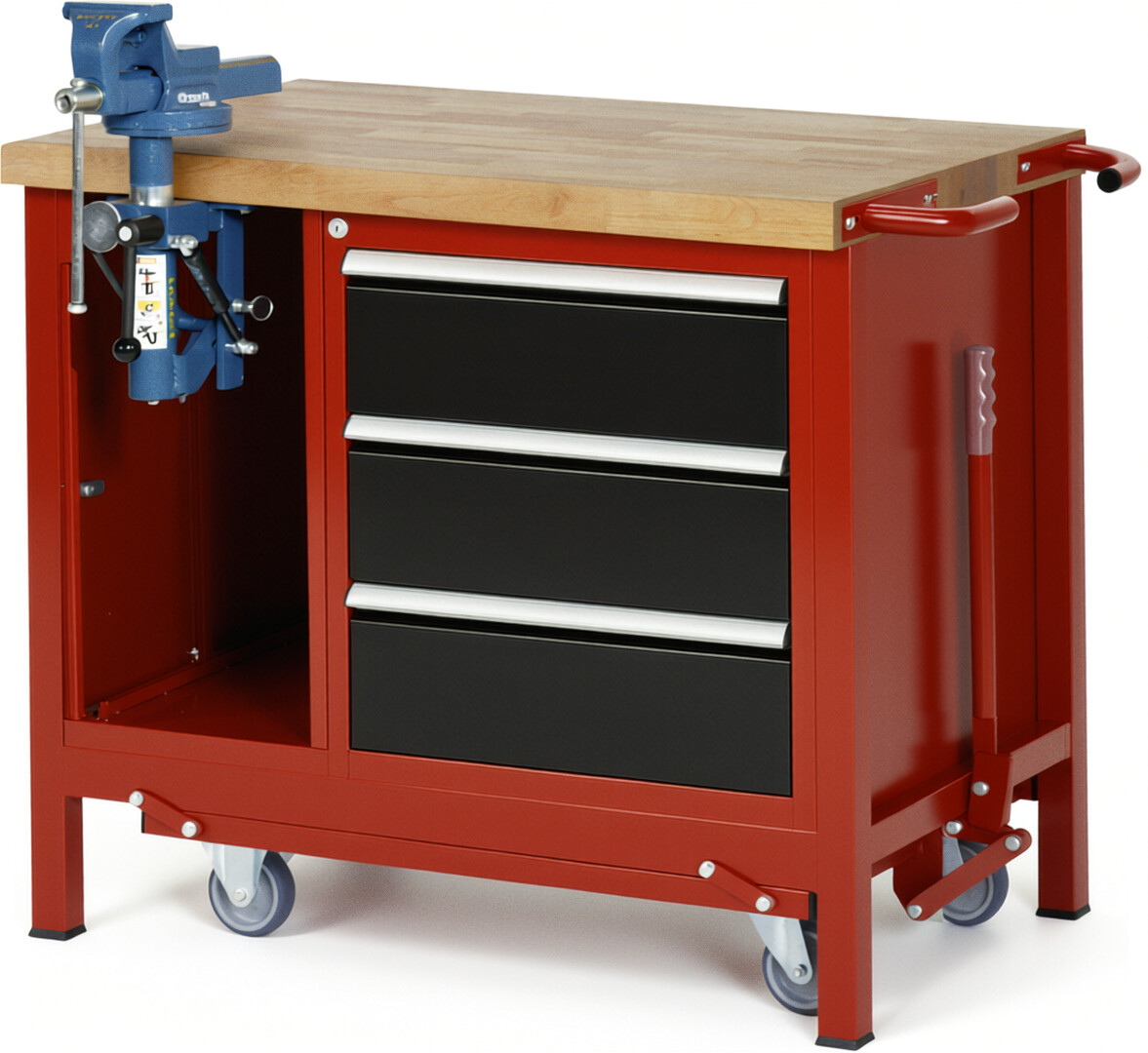 Absenkbare Werkbank Modell 8183 rot - schwarz, BxTxH 1000x700x880 mm,  Buche-Massiv Arbeitsplatte 40 mm,  3 Schubladen mit  Auszug 90 %
