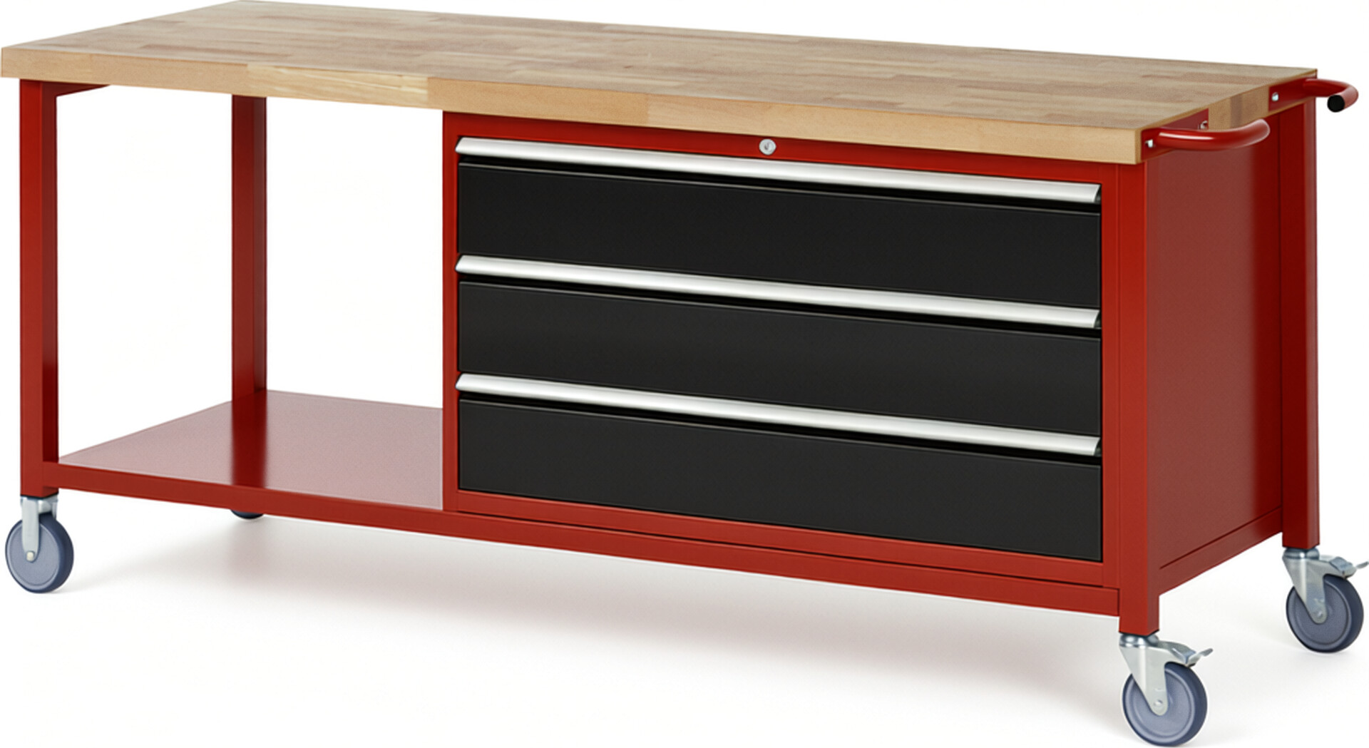 Fahrbare Werkbank Modell 8357 rot - schwarz, BxTxH 2000x700x880 mm,  Buche-Massiv Arbeitsplatte 40 mm,  3 Schubladen mit  Auszug 90 %
