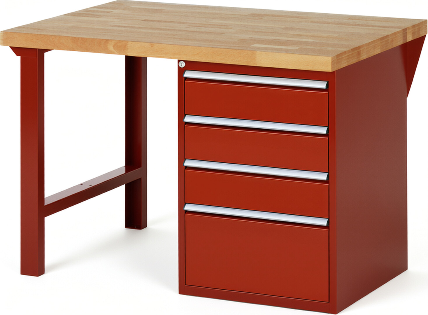 Werkbank Modell 7510 rot, BxTxH 1250x900x890 mm,  Buche-Massiv Arbeitsplatte 40 mm,  4 Schubladen mit  Auszug 90 %