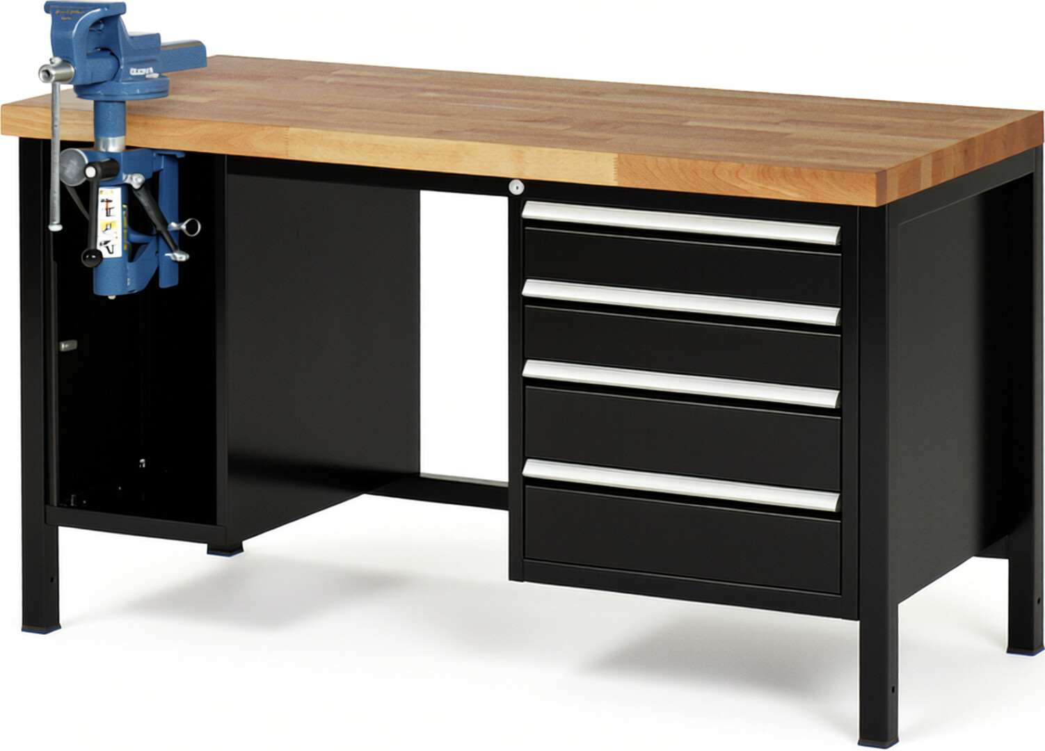 Werkbank Modell 8185 schwarz, BxTxH 1500x700x840-1040 mm,  Buche-Massiv Arbeitsplatte 40 mm,  4 Schubladen mit  Auszug 90 %