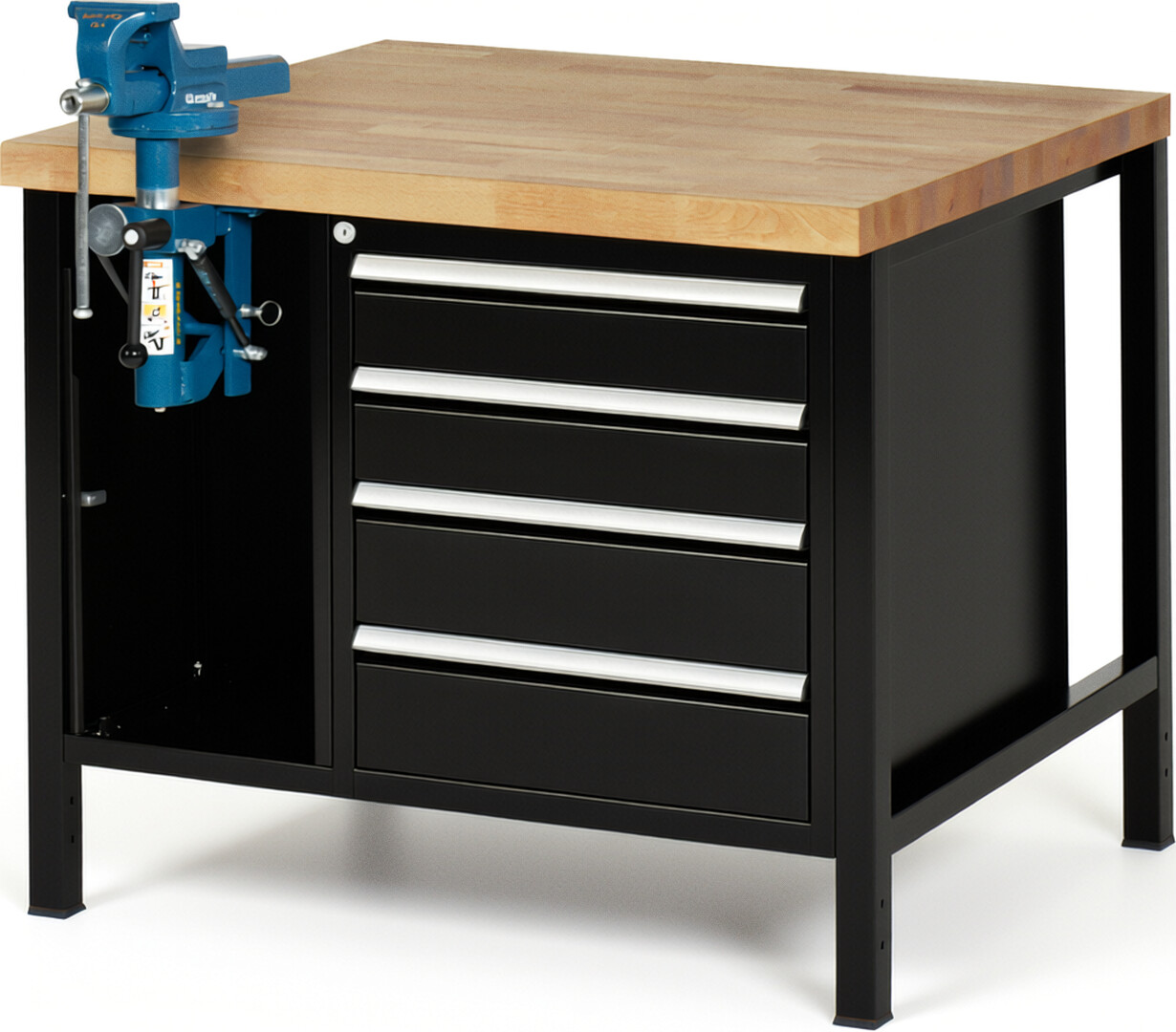 Werkbank Modell 8185 schwarz, BxTxH 1000x900x840-1040 mm,  Buche-Massiv Arbeitsplatte 40 mm,  4 Schubladen mit  Auszug 90 %