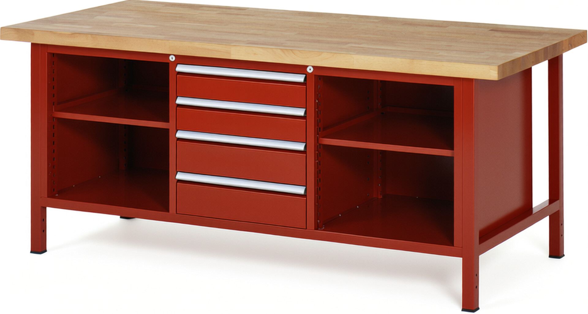 Werkbank Modell 8566 rot, BxTxH 2000x900x840 mm,  Buche-Massiv Arbeitsplatte 40 mm,  4 Schubladen mit  Auszug 90 %