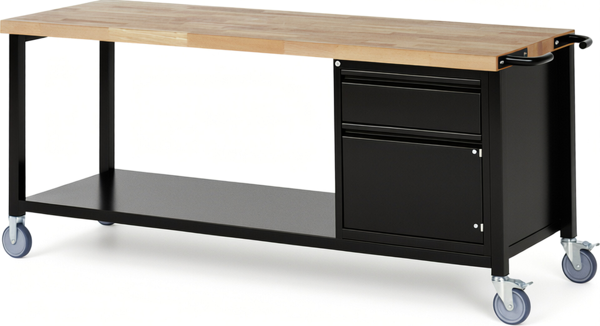 Fahrbare Werkbank - Modell 8152 BASIC schwarz, BxTxH 2000x700x880 mm,  Buche-Massiv Arbeitsplatte 40 mm,  1 Schublade mit  Auszug 90 %