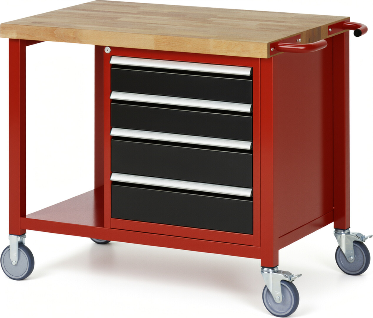 Fahrbare Werkbank Modell 8162 rot - schwarz, BxTxH 1000x700x880 mm,  Buche-Massiv Arbeitsplatte 40 mm,  4 Schubladen mit  Vollauszug 100 % und  SoftClosing