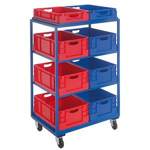 Beistell- und Kommissionierwagen, BxTxH 860x605x1315 mm, 4 gerade Böden, 8 Kästen (4x Gr. 3 rot, 4x Gr. 4 blau), Traglast 230 kg