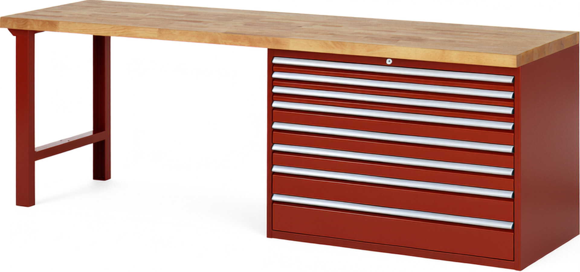 Werkbank Modell 7719 rot, BxTxH 2500x700x840 mm,  Buche-Massiv Arbeitsplatte 40 mm,  8 Schubladen mit  Auszug 90 %