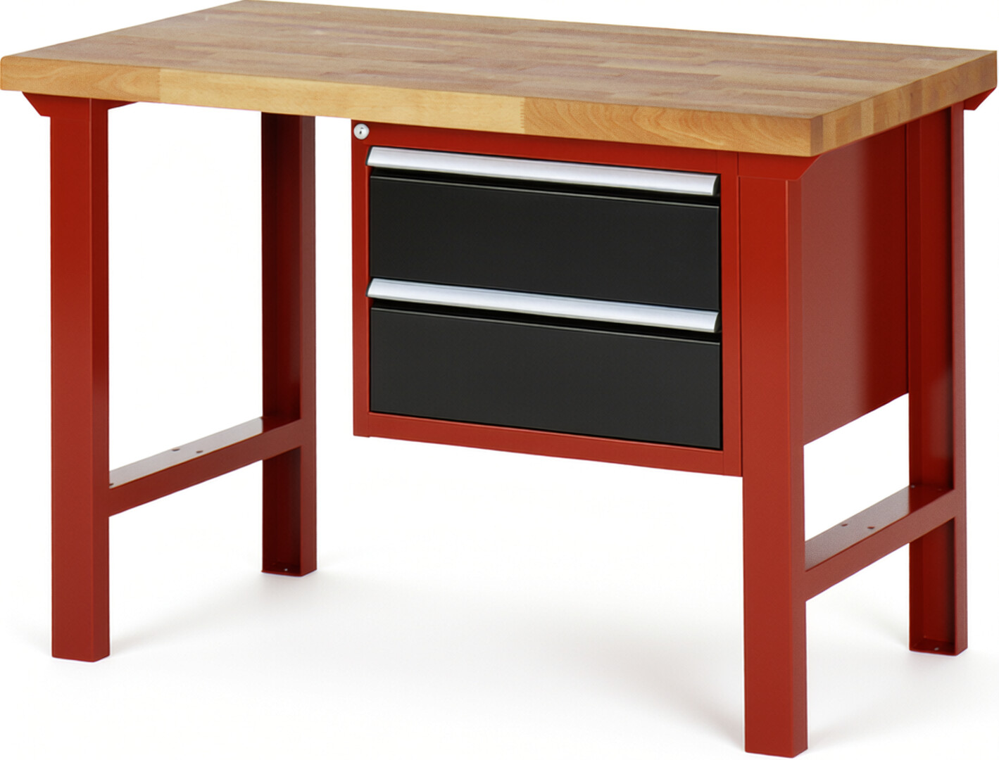Werkbank Modell 7125 rot - schwarz, BxTxH 1250x700x840 mm,  Buche-Massiv Arbeitsplatte 40 mm,  2 Schubladen mit  Auszug 90 %