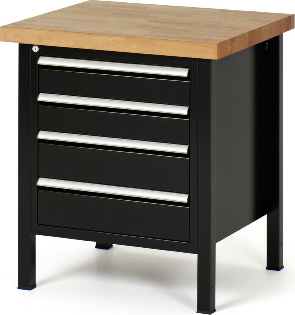 Werkbank Modell 8162 schwarz, BxTxH 750x700x840-1040 mm,  Buche-Massiv Arbeitsplatte 40 mm,  4 Schubladen mit  Auszug 90 %
