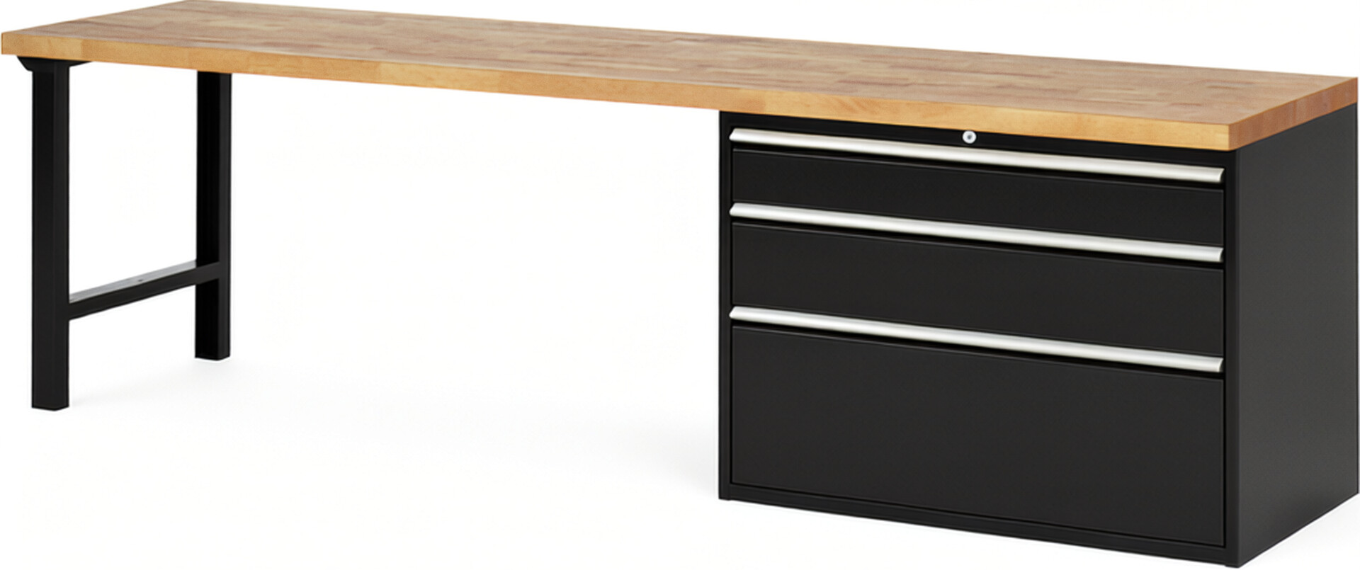 Werkbank Modell 7708 schwarz, BxTxH 3000x700x890 mm,  Buche-Massiv Arbeitsplatte 40 mm,  3 Schubladen mit  Vollauszug 100 % und  SoftClosing