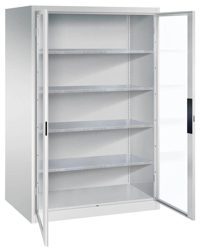 C+P XXL Großraum Werkzeugschrank, Materiallager, Stahlschrank mit Sichtfenstertüren, 4 Fachböden, Farbe lichtgrau, 1.950 x 1.200 x 800 (HxBxT)