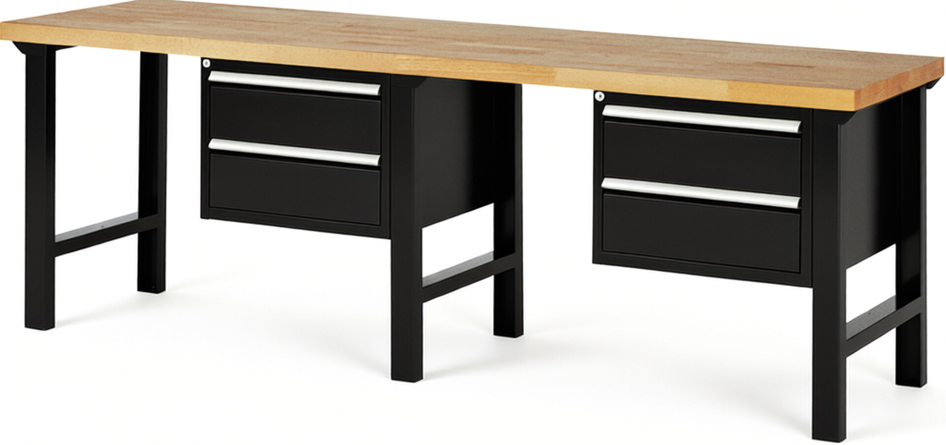 Werkbank Modell 7125 schwarz, BxTxH 2500x700x840 mm,  Buche-Massiv Arbeitsplatte 40 mm,  4 Schubladen mit  Vollauszug 100 % und  SoftClosing