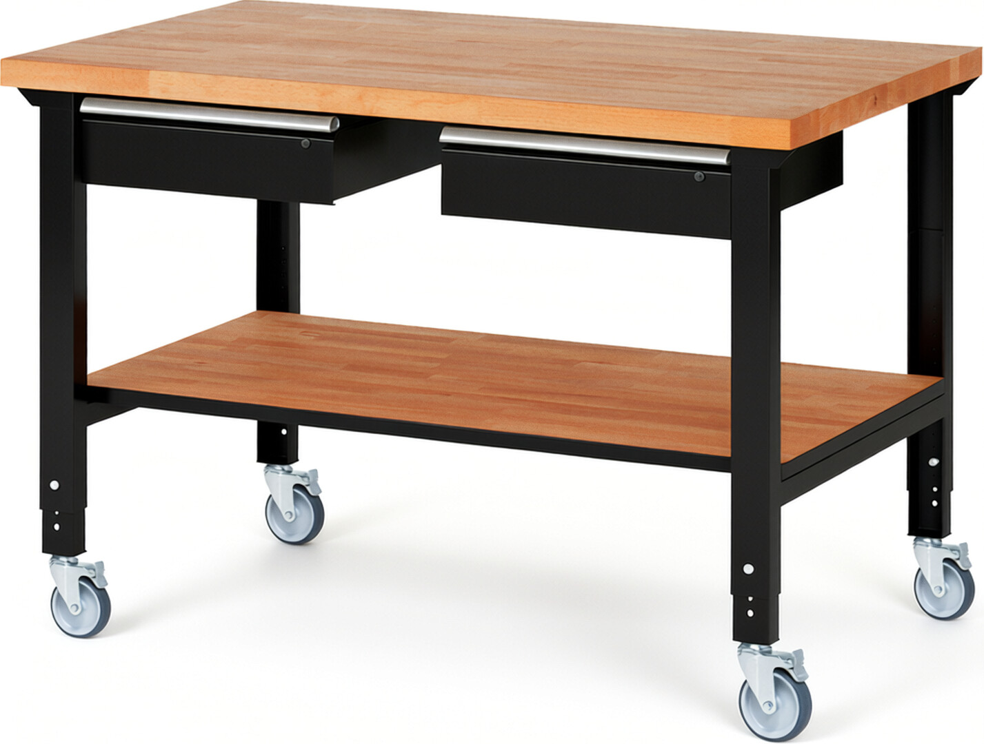 Fahrbare Werkbank Modell 7002 schwarz, BxTxH 1500x900x950-1000 mm,  Buche-Massiv Arbeitsplatte 40 mm,  2 Schubladen mit  Auszug 90 %