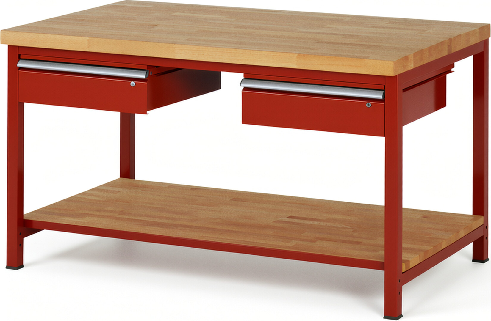 Werkbank Modell 8002 rot, BxTxH 1500x900x840-1040 mm,  Buche-Massiv Arbeitsplatte 40 mm,  2 Schubladen mit  Auszug 90 %