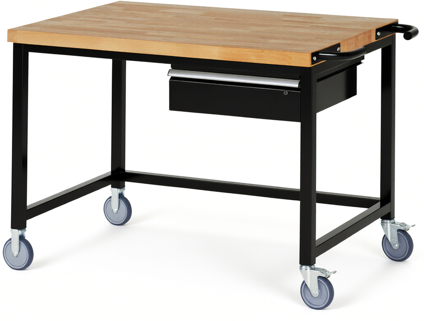 Fahrbare Werkbank Modell 8001 schwarz, BxTxH 1250x900x880-1080 mm,  Buche-Massiv Arbeitsplatte 40 mm,  1 Schublade mit  Auszug 90 %